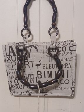 Printed Canvas Tote with Dark Wood Bead Handle - Neutral
